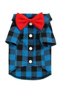 Blue Plaid Dog Shirt with Red Bow Tie