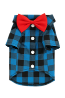 Blue Plaid Dog Shirt with Red Bow Tie