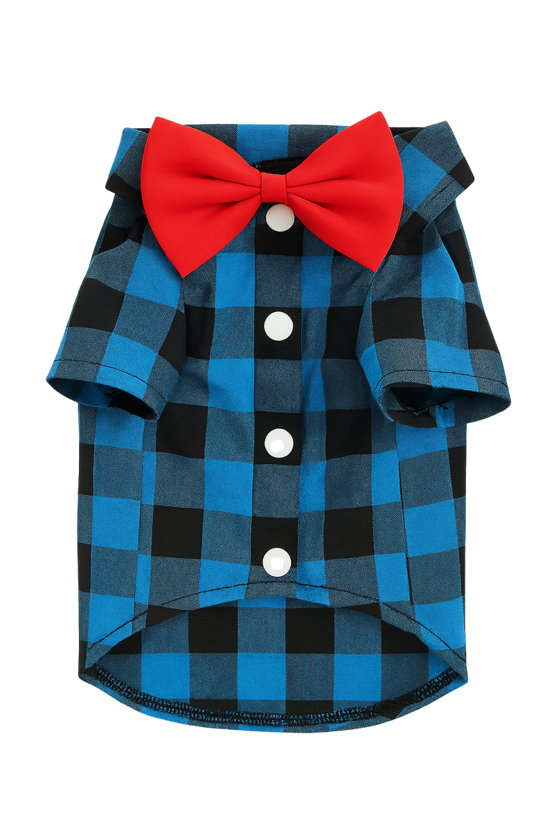 Blue Plaid Dog Shirt with Red Bow Tie