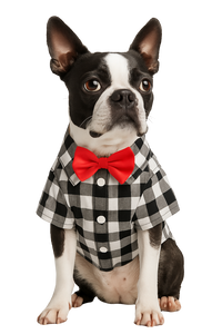Gray Plaid Dog Shirt with Red Bow Tie