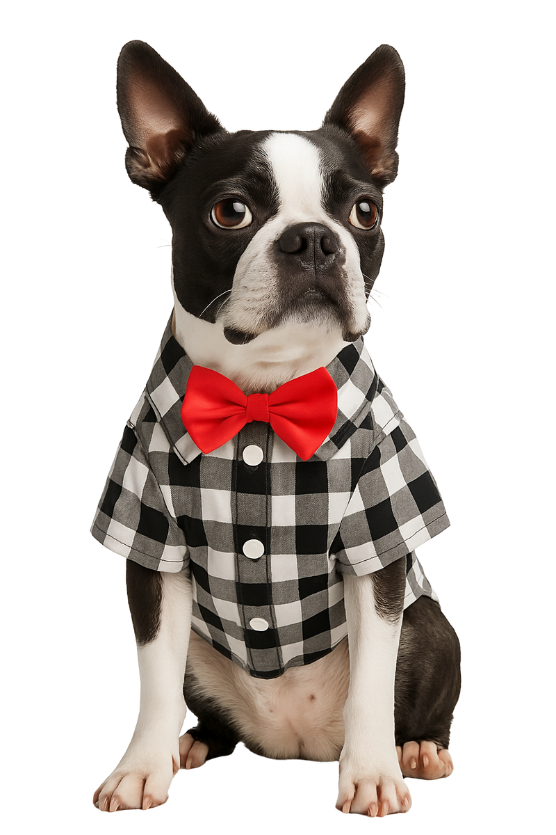 Gray Plaid Dog Shirt with Red Bow Tie