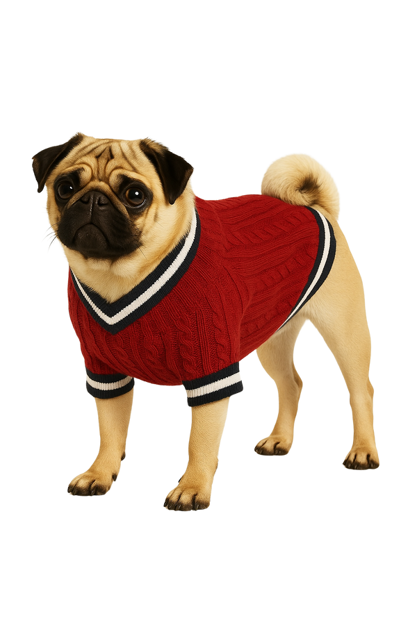 Knitted Red Dog Sweater with Striped Trim