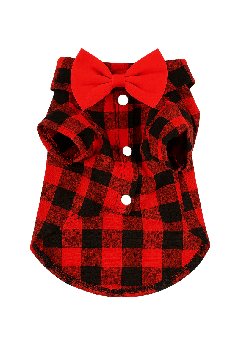 Red Plaid Dog Shirt with Red Bow Tie