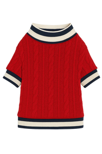 Knitted Red Dog Sweater with Striped Trim