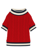 Knitted Red Dog Sweater with Striped Trim