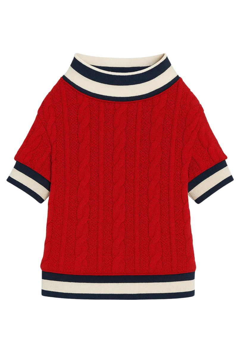 Knitted Red Dog Sweater with Striped Trim