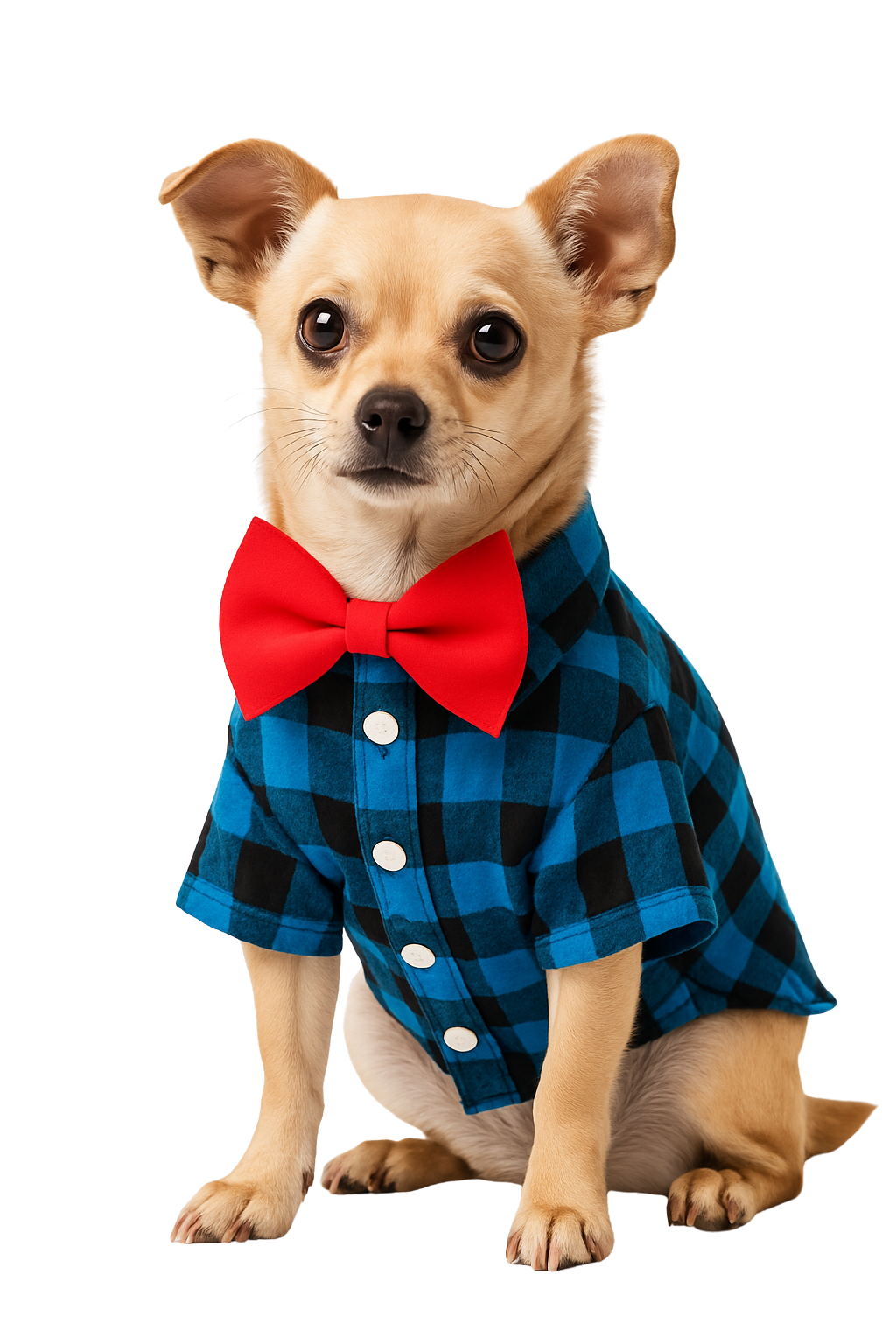 Blue Plaid Dog Shirt with Red Bow Tie