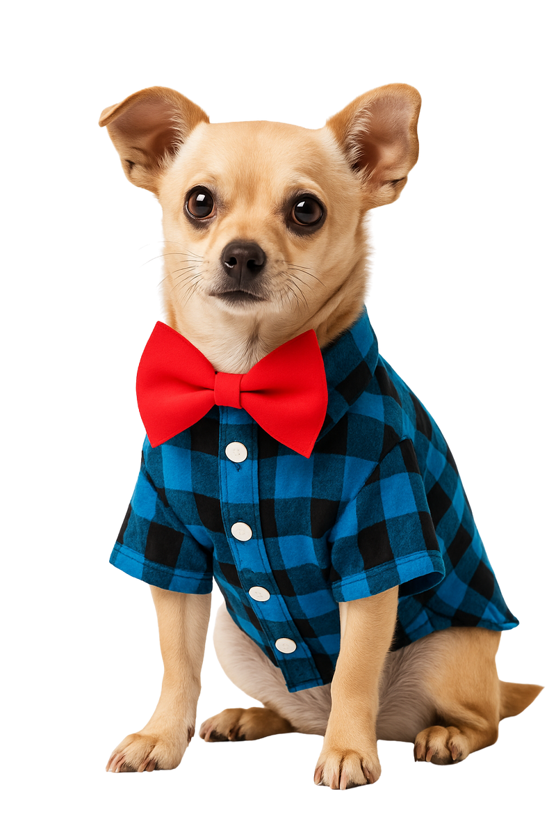 Blue Plaid Dog Shirt with Red Bow Tie