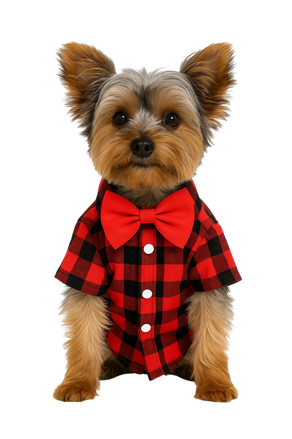 Red Plaid Dog Shirt with Red Bow Tie