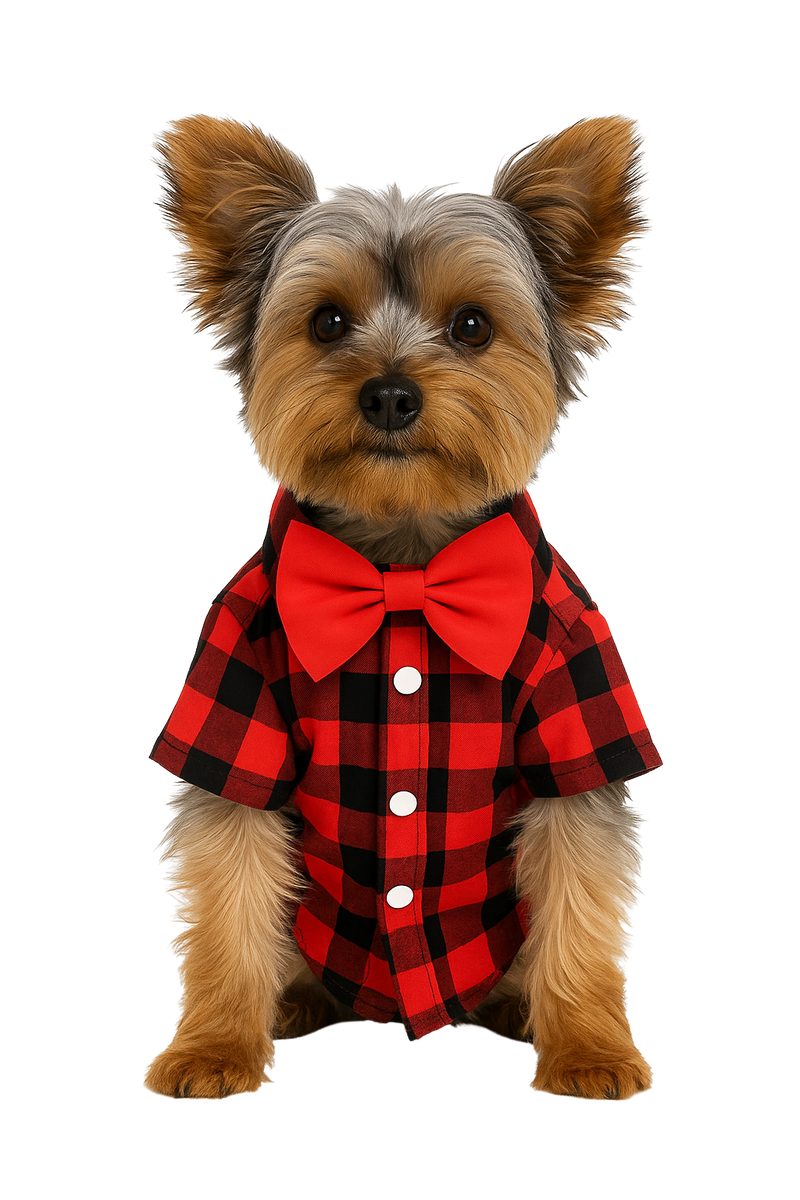 Red Plaid Dog Shirt with Red Bow Tie