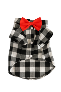 Gray Plaid Dog Shirt with Red Bow Tie