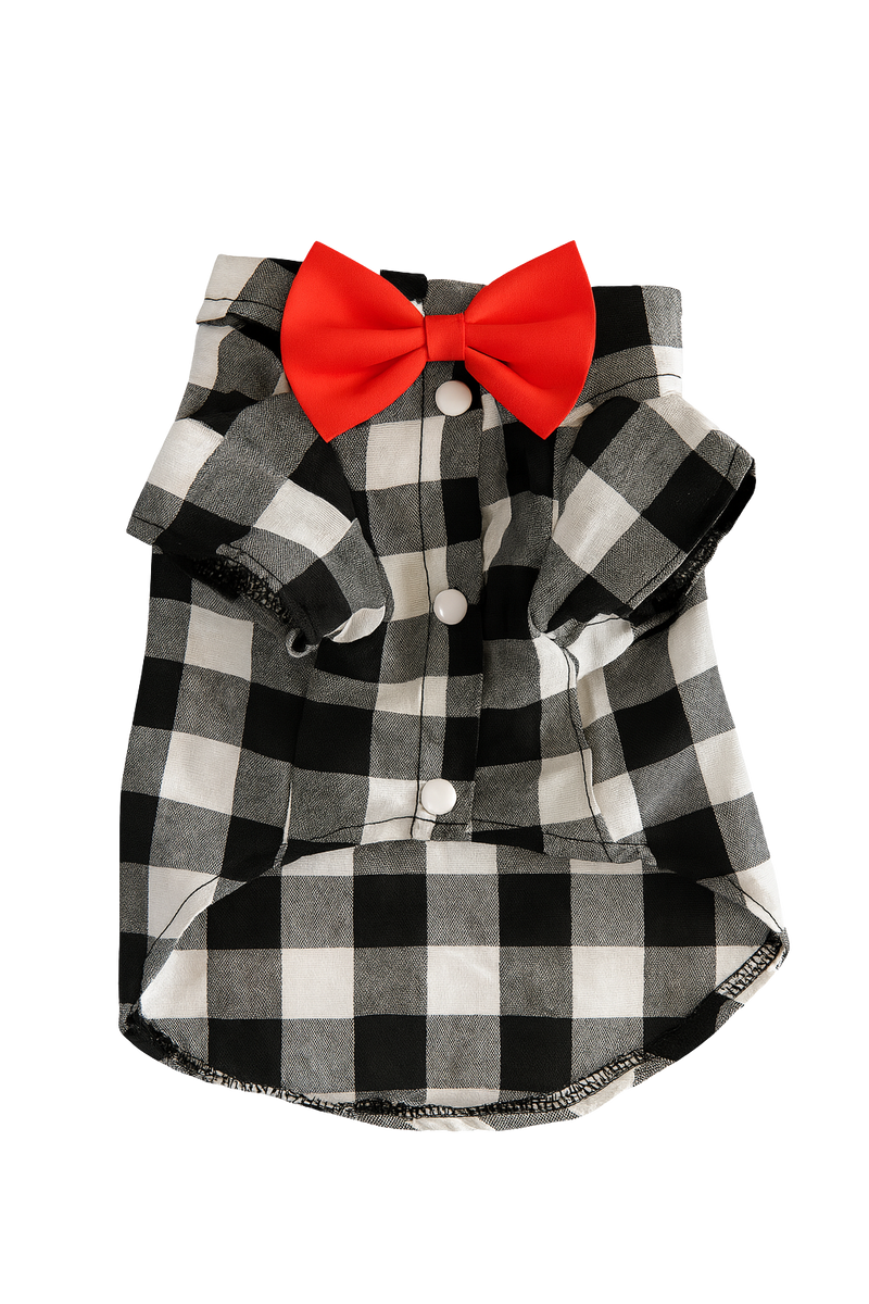 Gray Plaid Dog Shirt with Red Bow Tie